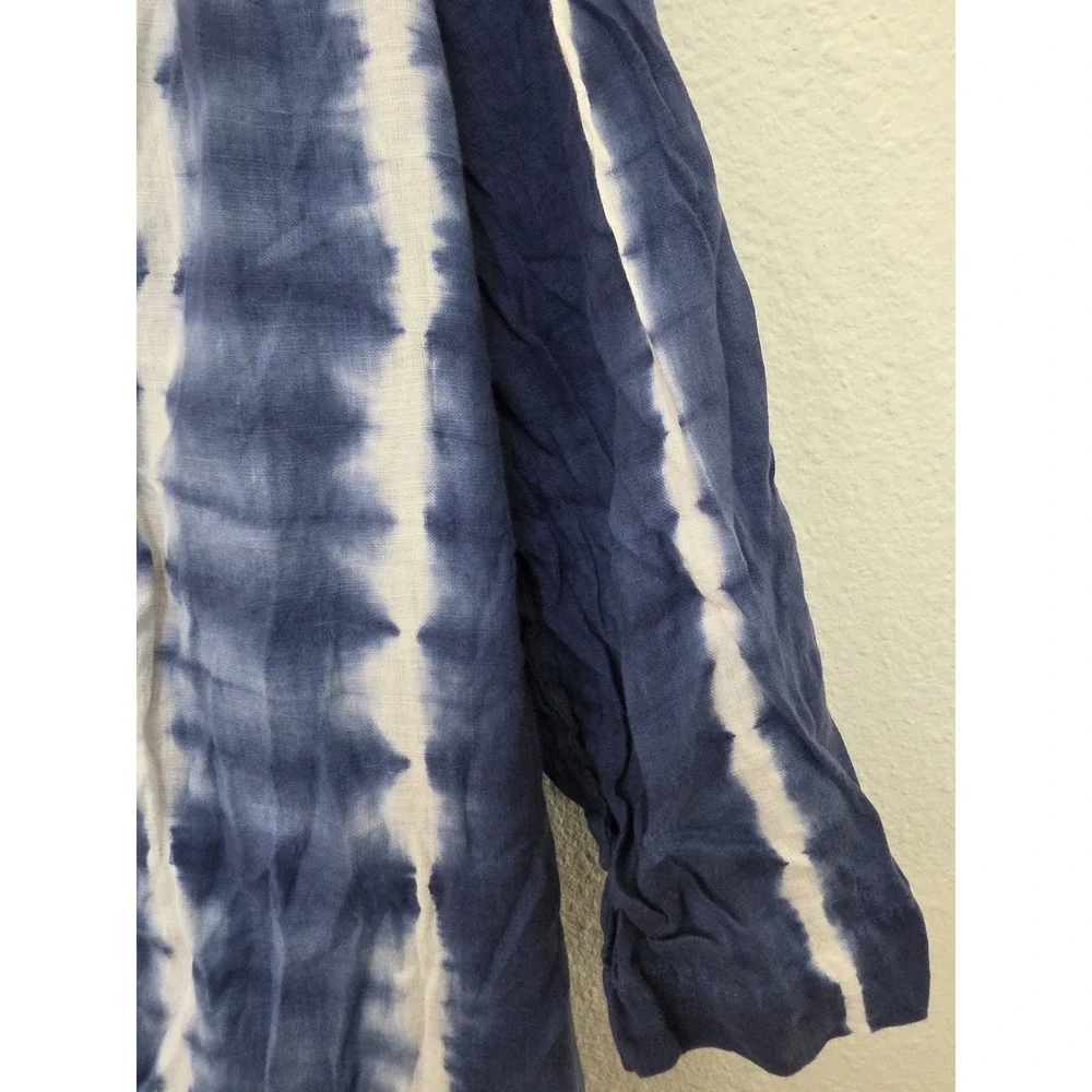 Chico's Open Cardigan Size 1P Boho Tie Dye Blue White Linen 3/4 Sleeve Sweater